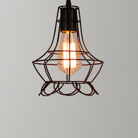 Industrial Retro Hanging Pendant Light Fixture With Caged Design For Bars - Single Metallic Black /