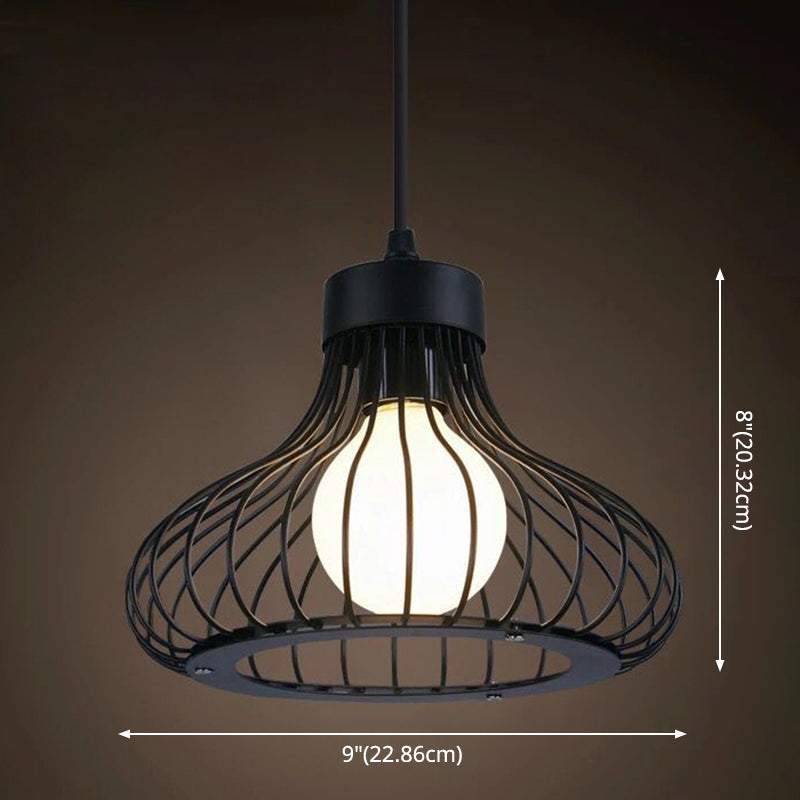 Industrial Retro Hanging Pendant Light Fixture With Caged Design For Bars - Single Metallic