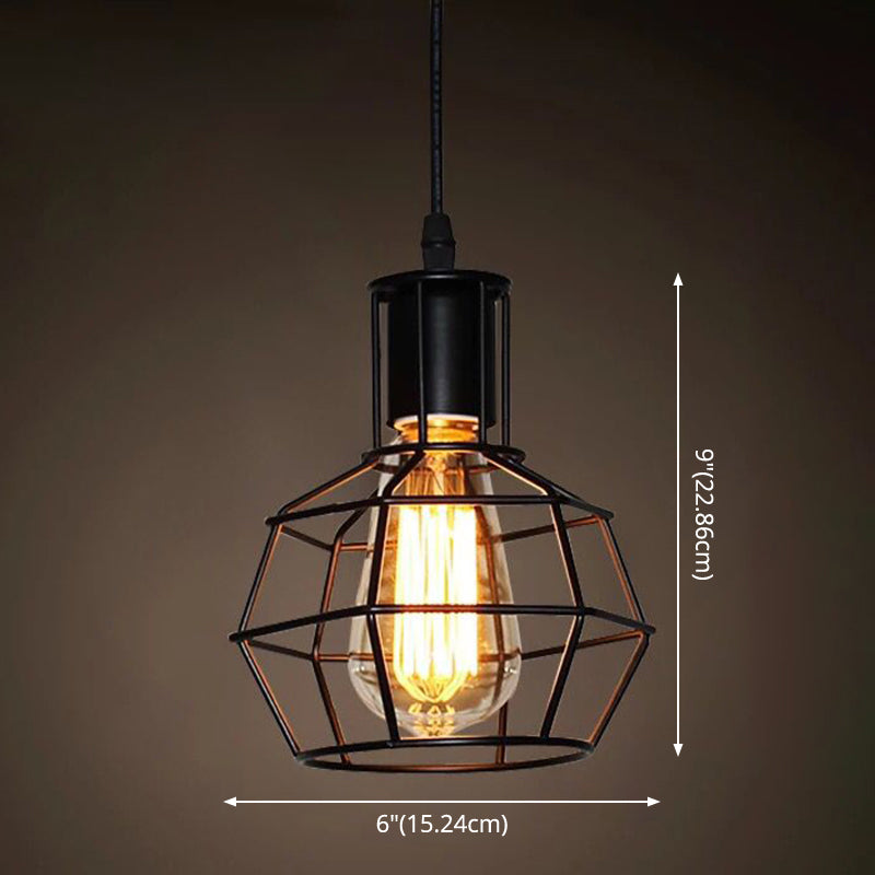 Industrial Retro Hanging Pendant Light Fixture With Caged Design For Bars - Single Metallic