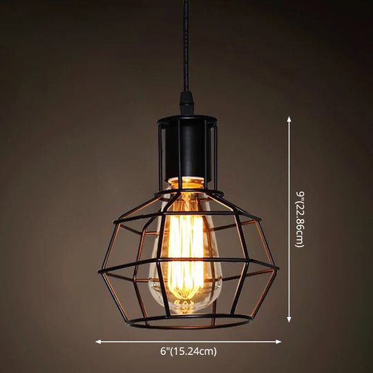 Industrial Retro Hanging Pendant Light Fixture With Caged Design For Bars - Single Metallic