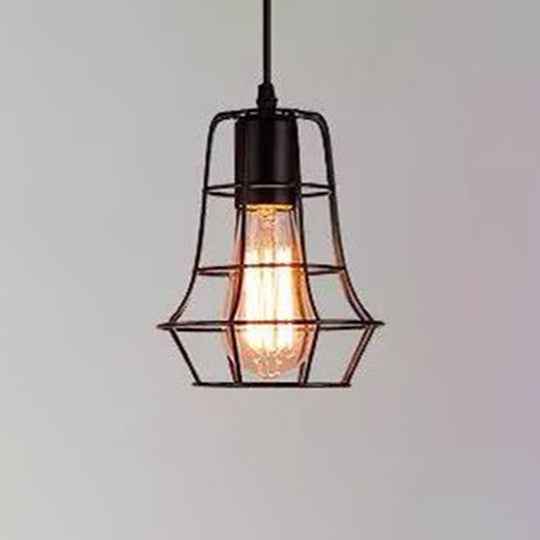 Industrial Retro Hanging Pendant Light Fixture With Caged Design For Bars - Single Metallic Black /