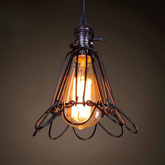 Industrial Retro Hanging Pendant Light Fixture With Caged Design For Bars - Single Metallic