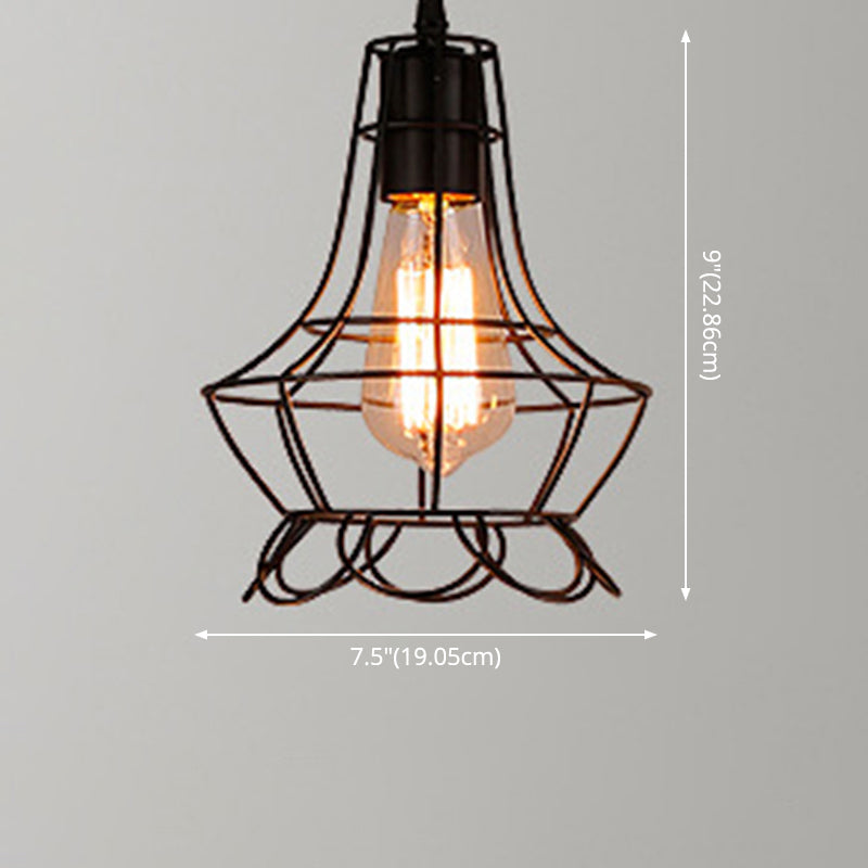 Industrial Retro Hanging Pendant Light Fixture With Caged Design For Bars - Single Metallic