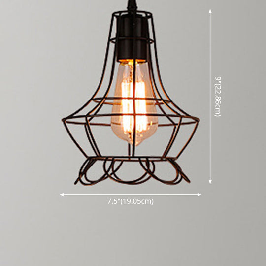 Industrial Retro Hanging Pendant Light Fixture With Caged Design For Bars - Single Metallic