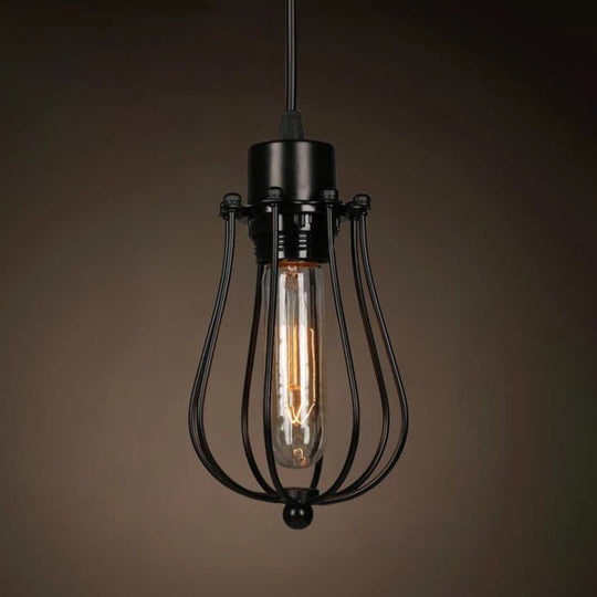 Industrial Retro Hanging Pendant Light Fixture With Caged Design For Bars - Single Metallic Black /