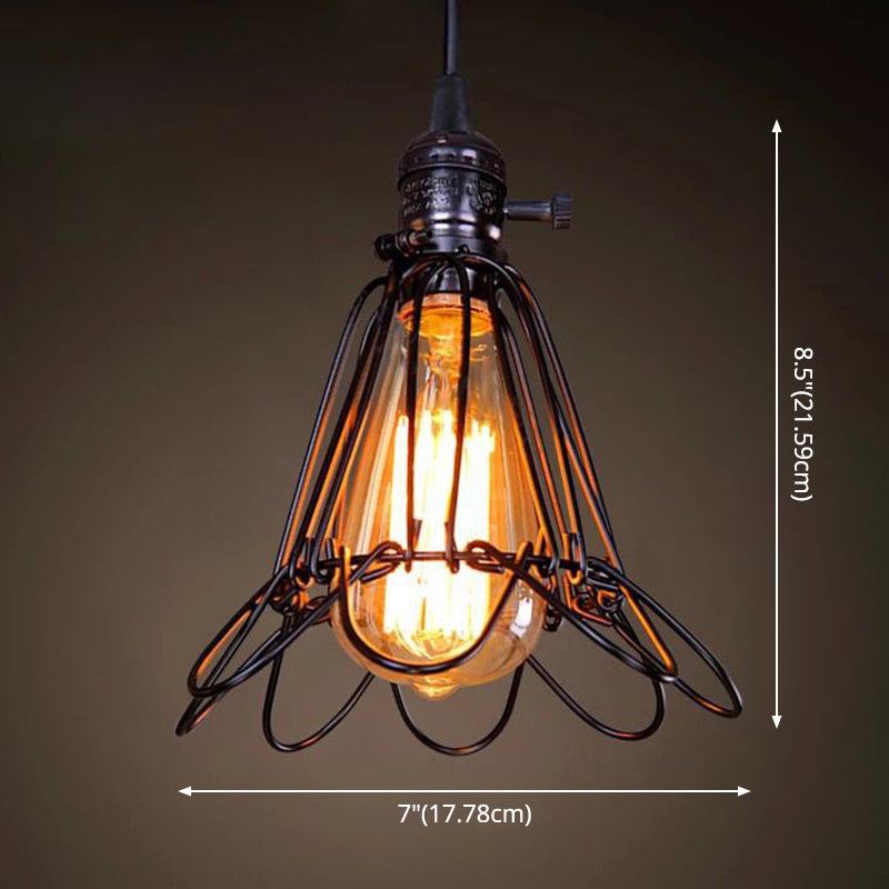 Industrial Retro Hanging Pendant Light Fixture With Caged Design For Bars - Single Metallic