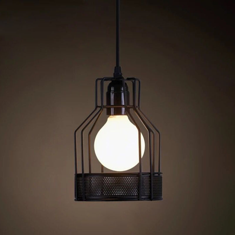 Industrial Retro Hanging Pendant Light Fixture With Caged Design For Bars - Single Metallic Black /