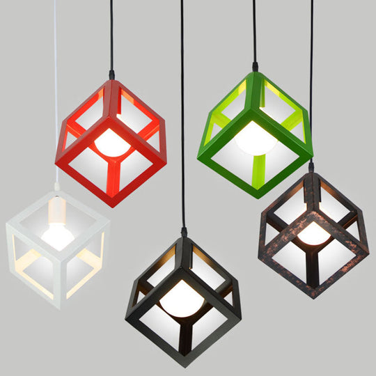 Industrial Style Square Cage Ceiling Light for Bars - Creative Metallic Hanging Fixture with 1 Light