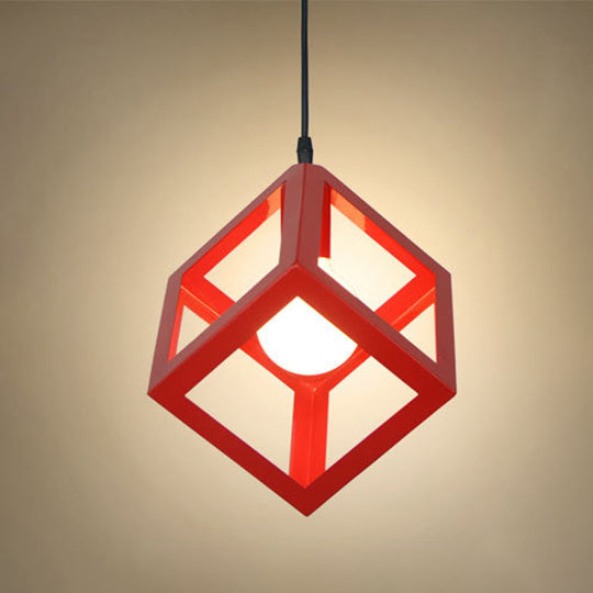 Industrial Metallic Ceiling Light With Square Cage Design - Perfect For Bar And Creative Spaces Red