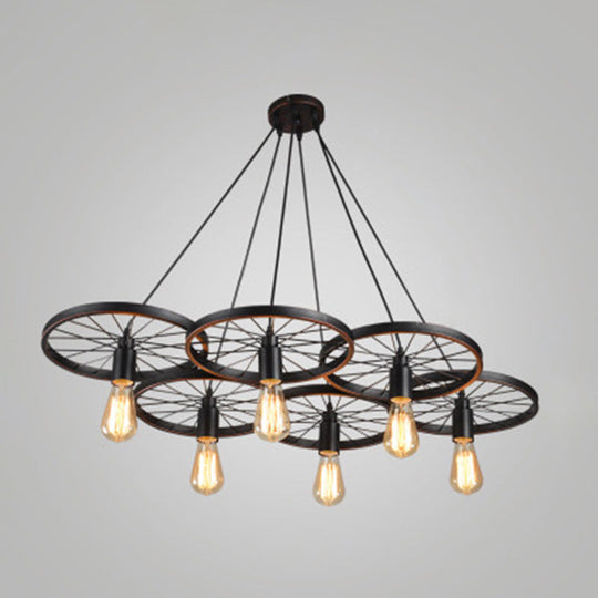 Metallic Industrial Style Multi-Light Pendant With Wheel Design Perfect For Restaurants 6 / Black