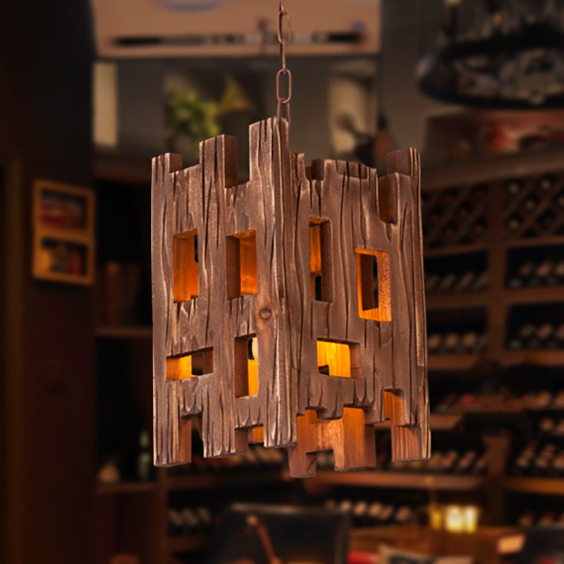 Country Style Wooden Pendant Lamp with Adjustable Chain - Brown, Rectangular Design - 1 Bulb Hanging Light Fixture