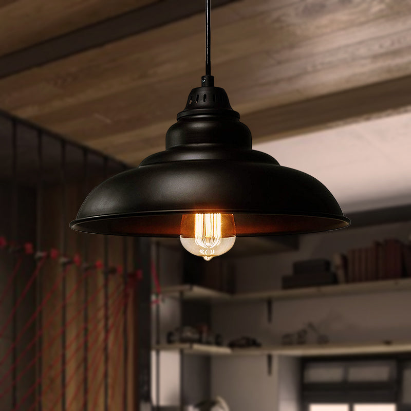 Industrial Style Suspension Pendant Light - Metal 1-Light Bowl Dining Room Lamp In Black