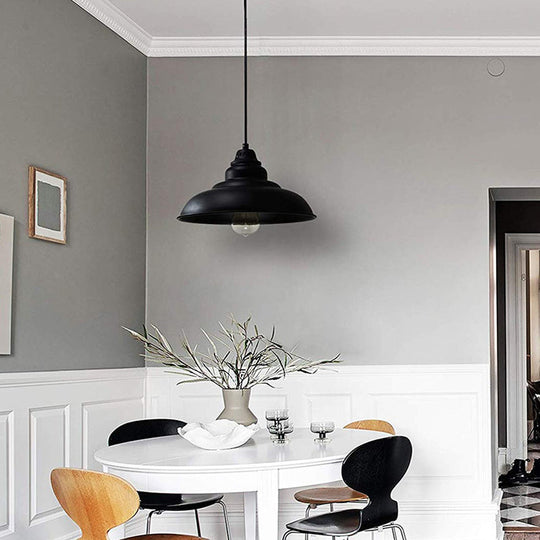 Industrial Style Suspension Pendant Light - Metal 1-Light Bowl Dining Room Lamp In Black