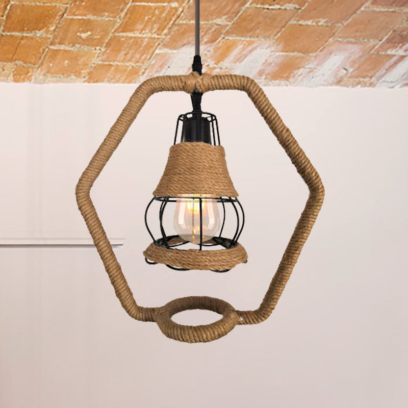 Country Style Black Wire Cage Ceiling Lamp with Rope and Metal, Hexagon Shape