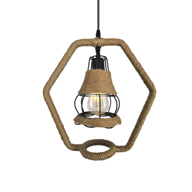 Country Style Black Wire Cage Ceiling Lamp with Rope and Metal, Hexagon Shape