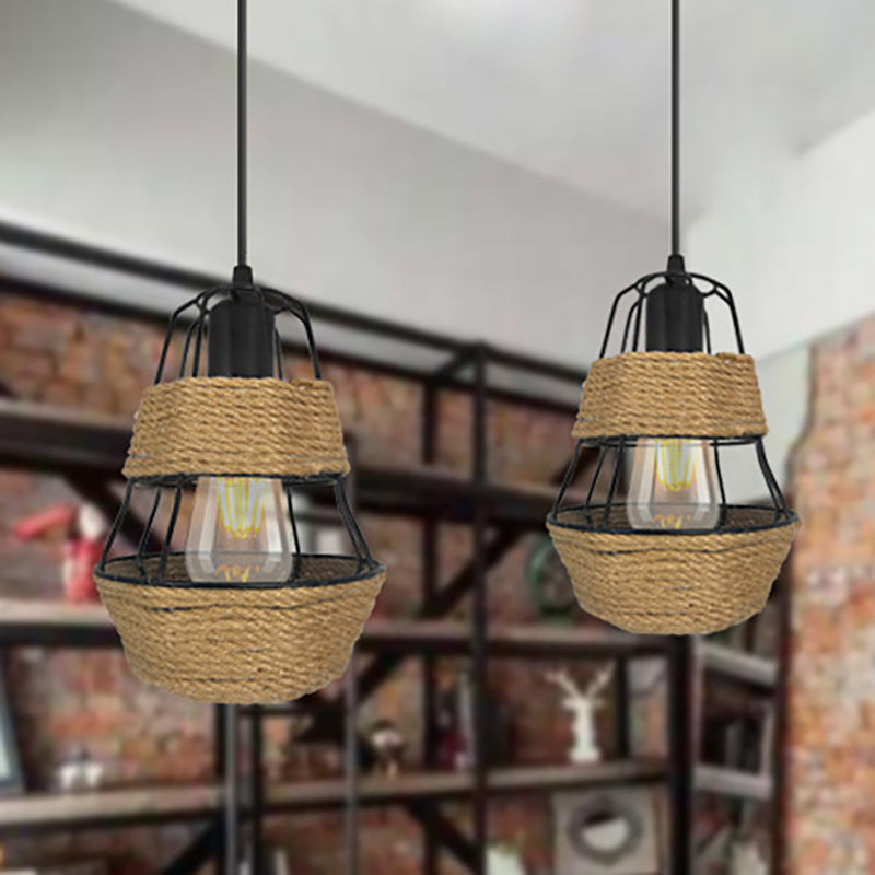 Lodge Style Black Wire Guard Pendant Light with Metal and Rope Suspension - Ideal for Living Room