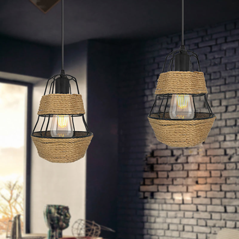 Lodge Style Black Wire Guard Pendant Light with Metal and Rope Suspension - Ideal for Living Room