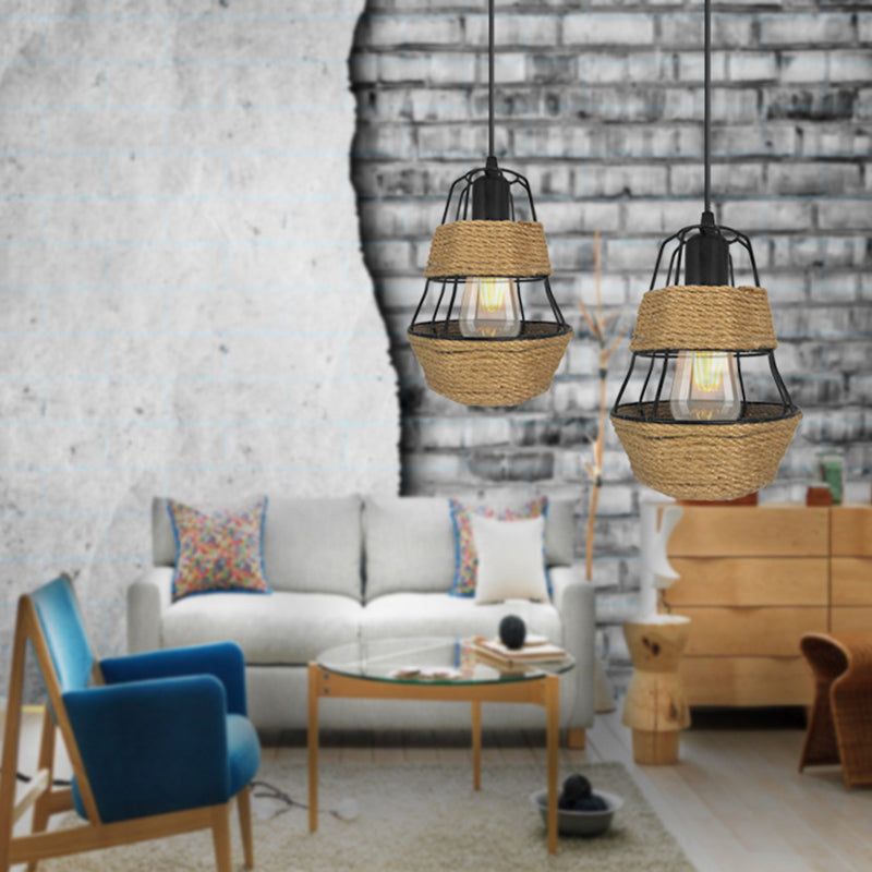 Lodge Style Black Wire Guard Pendant Light with Metal and Rope Suspension - Ideal for Living Room