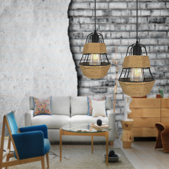 Lodge Style Black Wire Guard Pendant Ceiling Light - Metal And Rope Ideal For Living Room