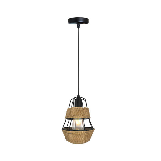 Lodge Style Black Wire Guard Pendant Ceiling Light - Metal And Rope Ideal For Living Room