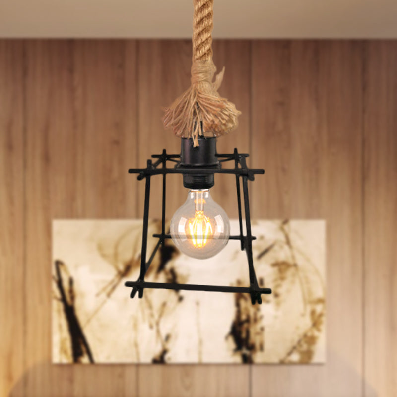 Retro Metal Cage Ceiling Light - Black Pendant Lamp With Adjustable Rope Ideal For Living Room