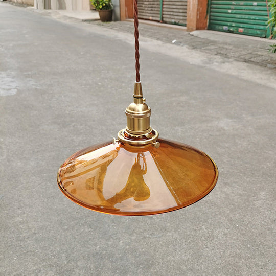 Retro Glass Shade Pendant Light Fixture for Living Room - Brown Pan Pendant with 1 Light