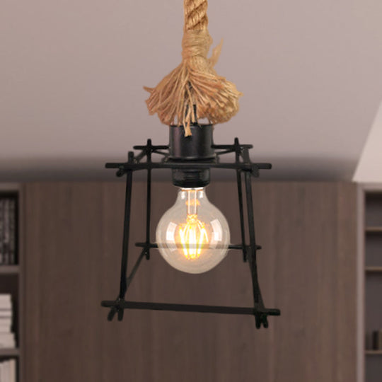 Retro Metal Cage Ceiling Light - Black Pendant Lamp With Adjustable Rope Ideal For Living Room