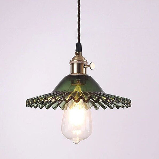 Retro Industrial Style Lotus Glass Scalloped Pendant Lamp - 1-Light Hanging For Restaurants Green