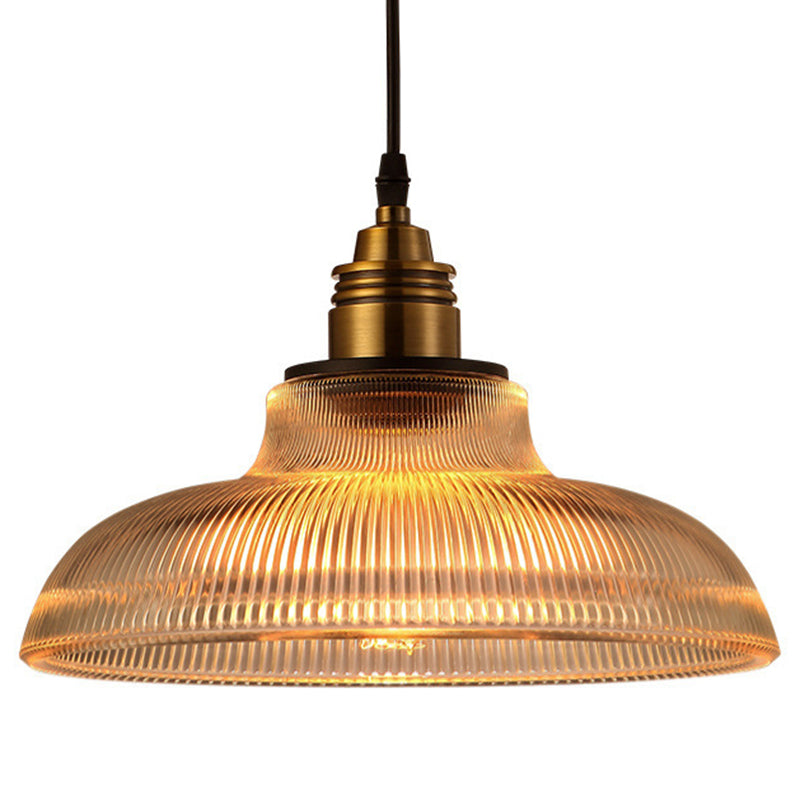 Retro Industrial Ribbed Glass Dome Pendant Lamp - 1-Light Hanging For Restaurants Clear