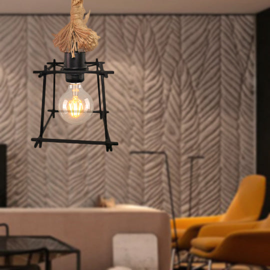 Retro Metal Cage Ceiling Light - Black Pendant Lamp With Adjustable Rope Ideal For Living Room