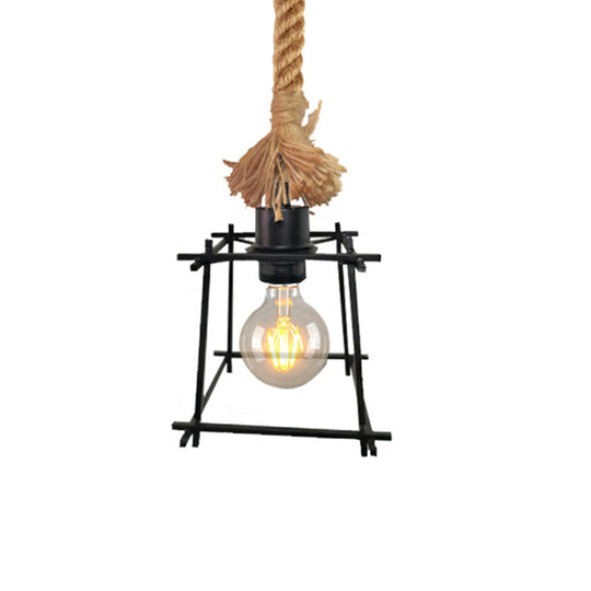 Retro Metal Trapezoid Cage Ceiling Light, Black Pendant Lamp with Adjustable Rope – Ideal for Living Room