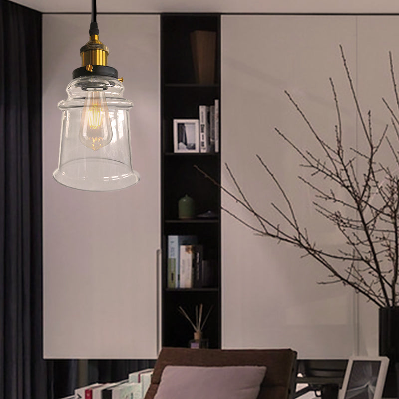 CLEAR GLASS Pendant Lamp - Vintage Style with Height Adjustable Tapered Shade, Brass Finish - 1 Bulb Suspension Lighting