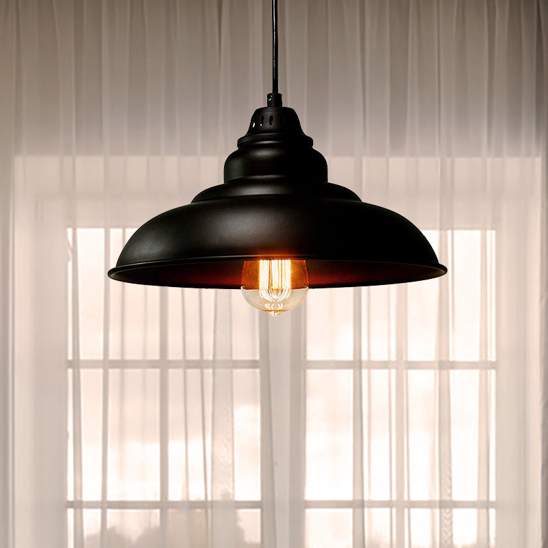 Industrial Style Black Hanging Dining Room Light With Bowl Metallic Shade - 1-Light Suspension