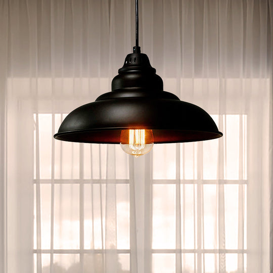 Industrial Style Black Hanging Dining Room Light With Bowl Metallic Shade - 1-Light Suspension