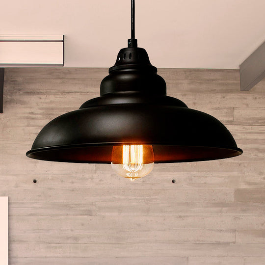 Industrial Style Black Pendant Light with Metallic Bowl Shade for Dining Room Suspension Lighting