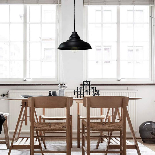 Industrial Style Black Pendant Light with Metallic Bowl Shade for Dining Room Suspension Lighting