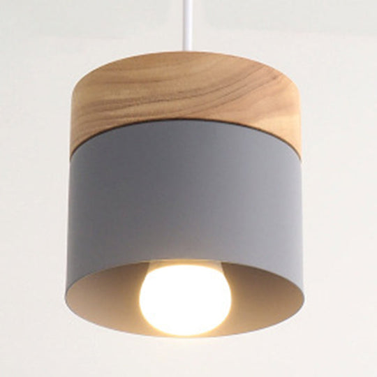 Minimalist Wooden Top Pendant Light - Metal Macarons Design 1-Light Modern Lighting Grey