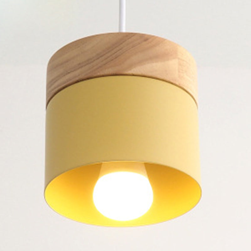 Minimalist Wooden Top Pendant Light - Metal Macarons Design 1-Light Modern Lighting Yellow