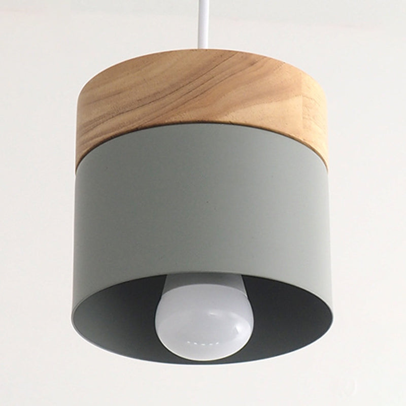 Minimalist Wooden Top Pendant Light - Metal Macarons Design 1-Light Modern Lighting Gray-Green