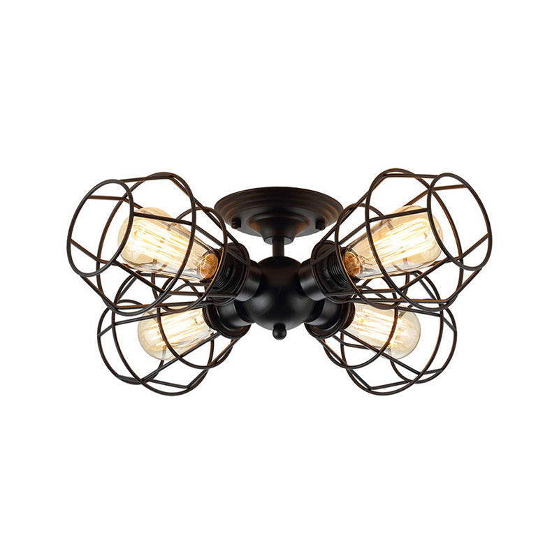 Metal Industrial Pendant Light with Cage Shade - Semi Flush Mount for Living Room (4 Heads, Black)