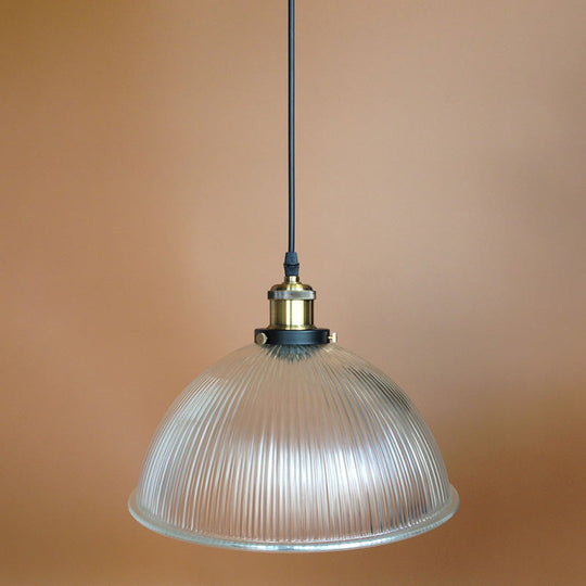 Industrial Ribbed Clear Glass Pendant Light - 1-Light Bowl Style For Restaurants