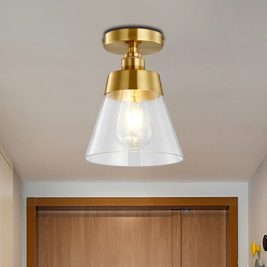 Clear Glass Ceiling Flush Mount Industrial Pendant Light - Cone Design, Brass Finish, Balcony Lighting