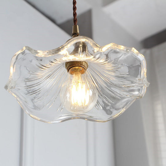 Vintage Scalloped Hanging Light Pendant with Textured Glass Shade - 1 Light, Polished Brass Finish