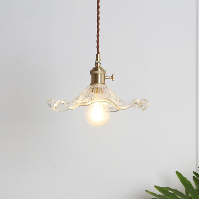 Vintage Scalloped Hanging Light Pendant with Textured Glass Shade - 1 Light, Polished Brass Finish