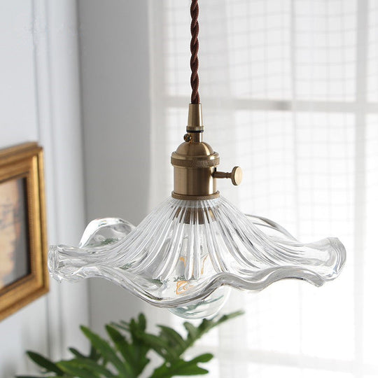 Vintage Scalloped Hanging Light Pendant with Textured Glass Shade - 1 Light, Polished Brass Finish