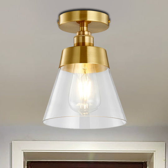 Clear Glass Ceiling Flush Mount Industrial Pendant Light - Cone Design, Brass Finish, Balcony Lighting