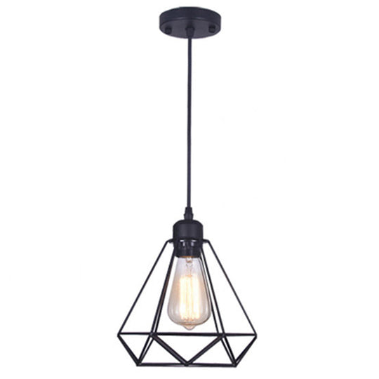 Diamond Iron Cluster Pendant Industrial Lamp - Retro 1-Light Restaurant Hanging Light In Black