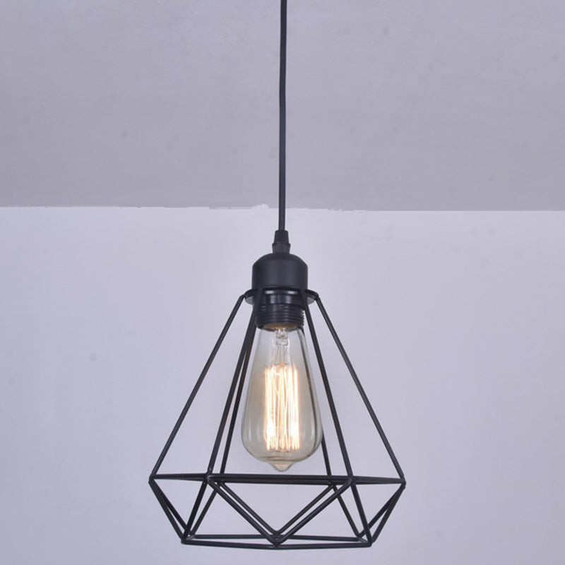 Diamond Iron Cluster Pendant Industrial Lamp - Retro 1-Light Restaurant Hanging Light In Black