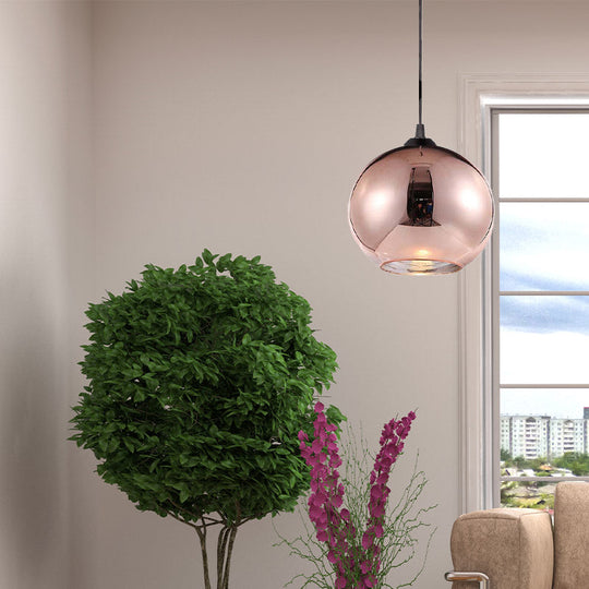 Copper Sphere Pendant Light - Modern 1 Head 8/12 Wide Mirror Glass Hanging Lamp Kit For Bar