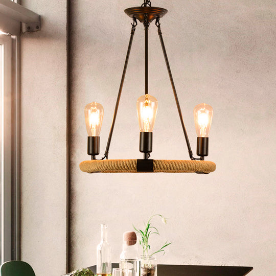 Vintage Style Roped Circular Chandelier Pendant Light - 3 Lights, Black Finish